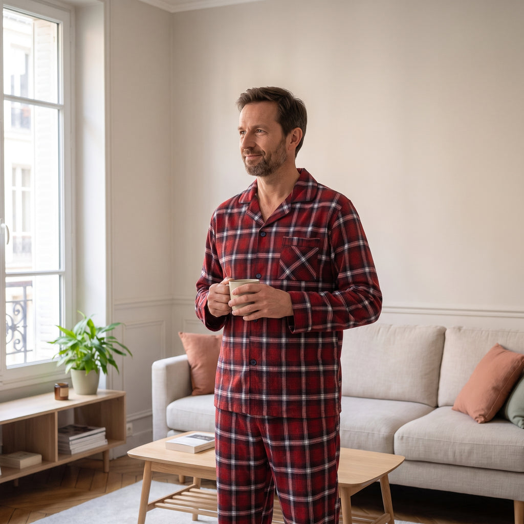 Pyjama homme en coton à carreaux rouge, porté debout dans un salon