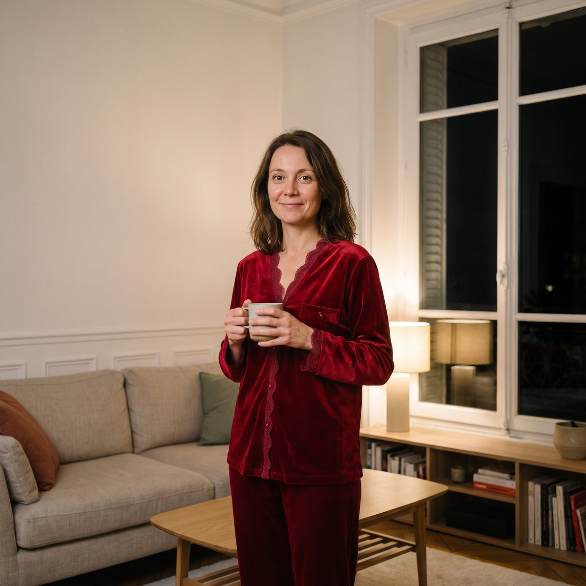 Femme debout dans son salon un soir d'hiver, en pyjama en velours rouge bordeaux