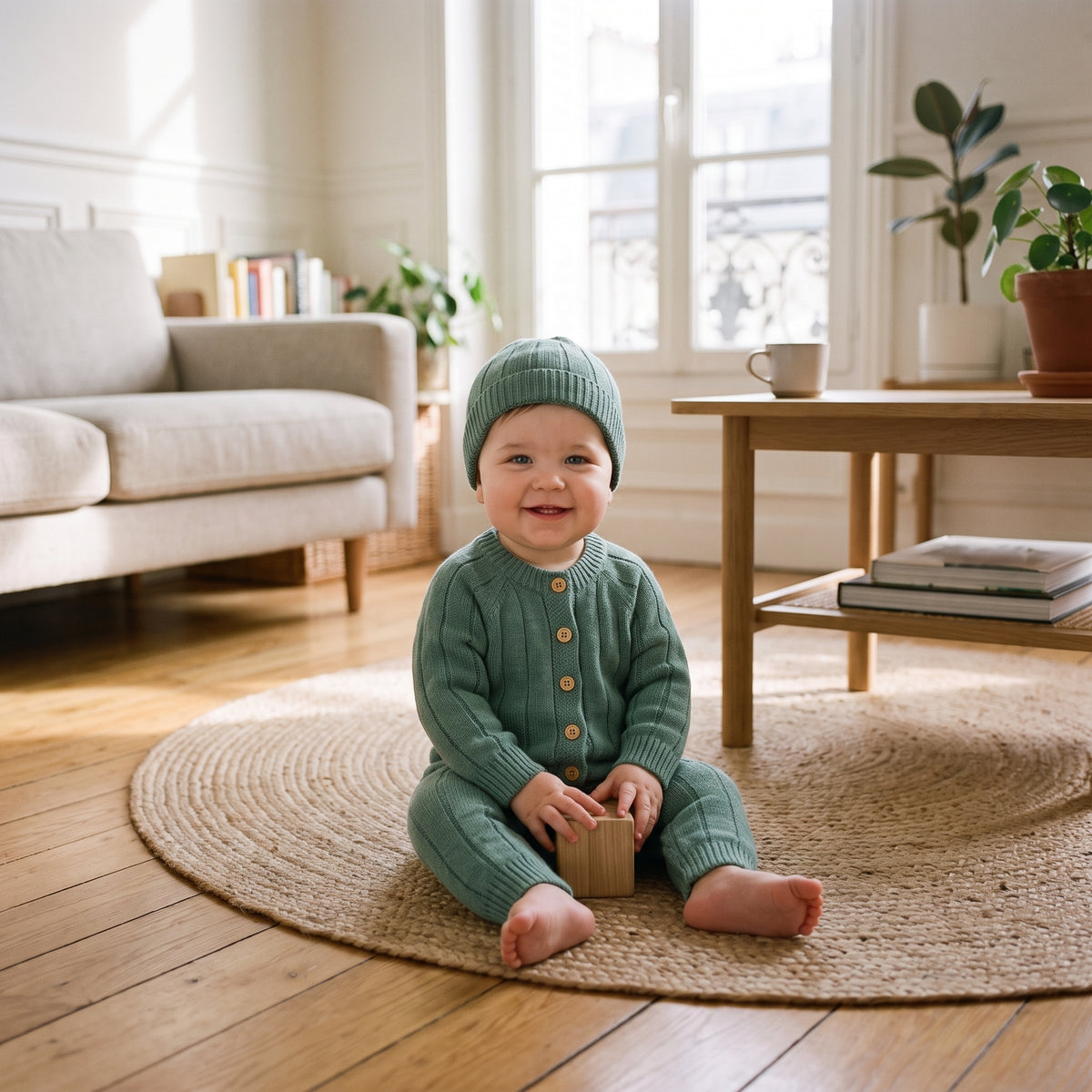 Bébé assis sur un tapis, bonnet sur la tête, en barboteuse en tricot vert sauge