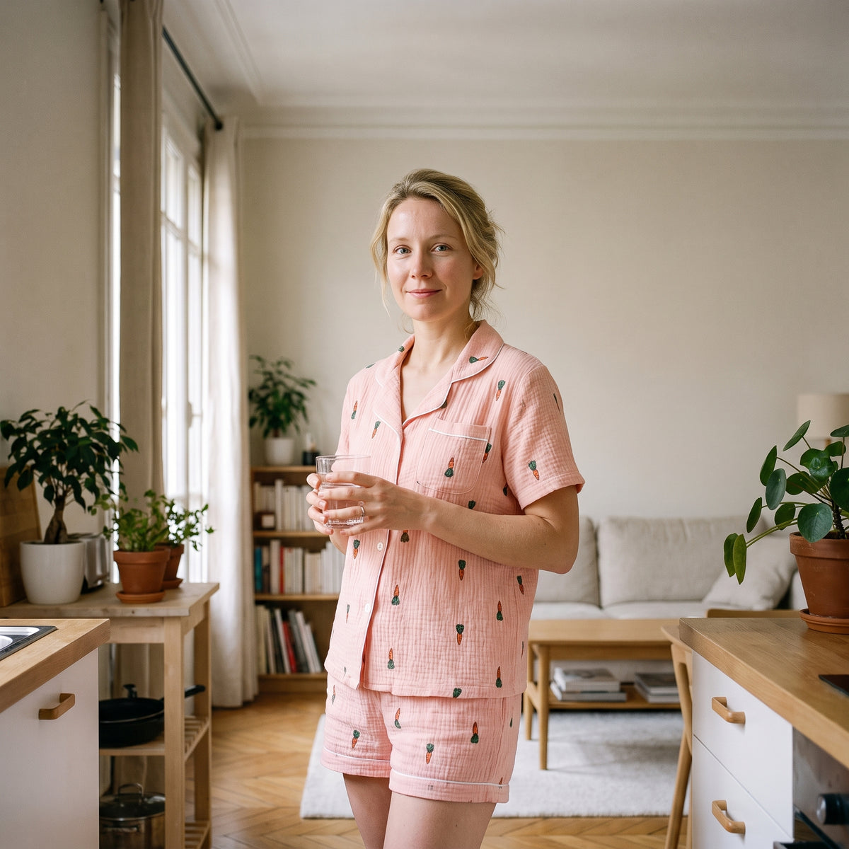 Femme debout dans sa cuisine un matin d'été, en pyjama court en gaze de coton rose poudré