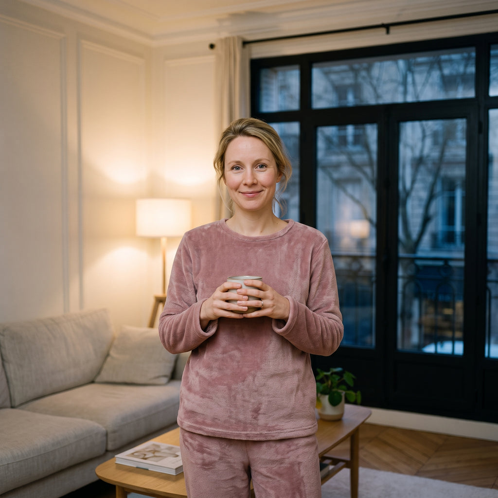 Femme debout près de la fenêtre un soir d'hiver, en pyjama en flanelle polaire vieux rose