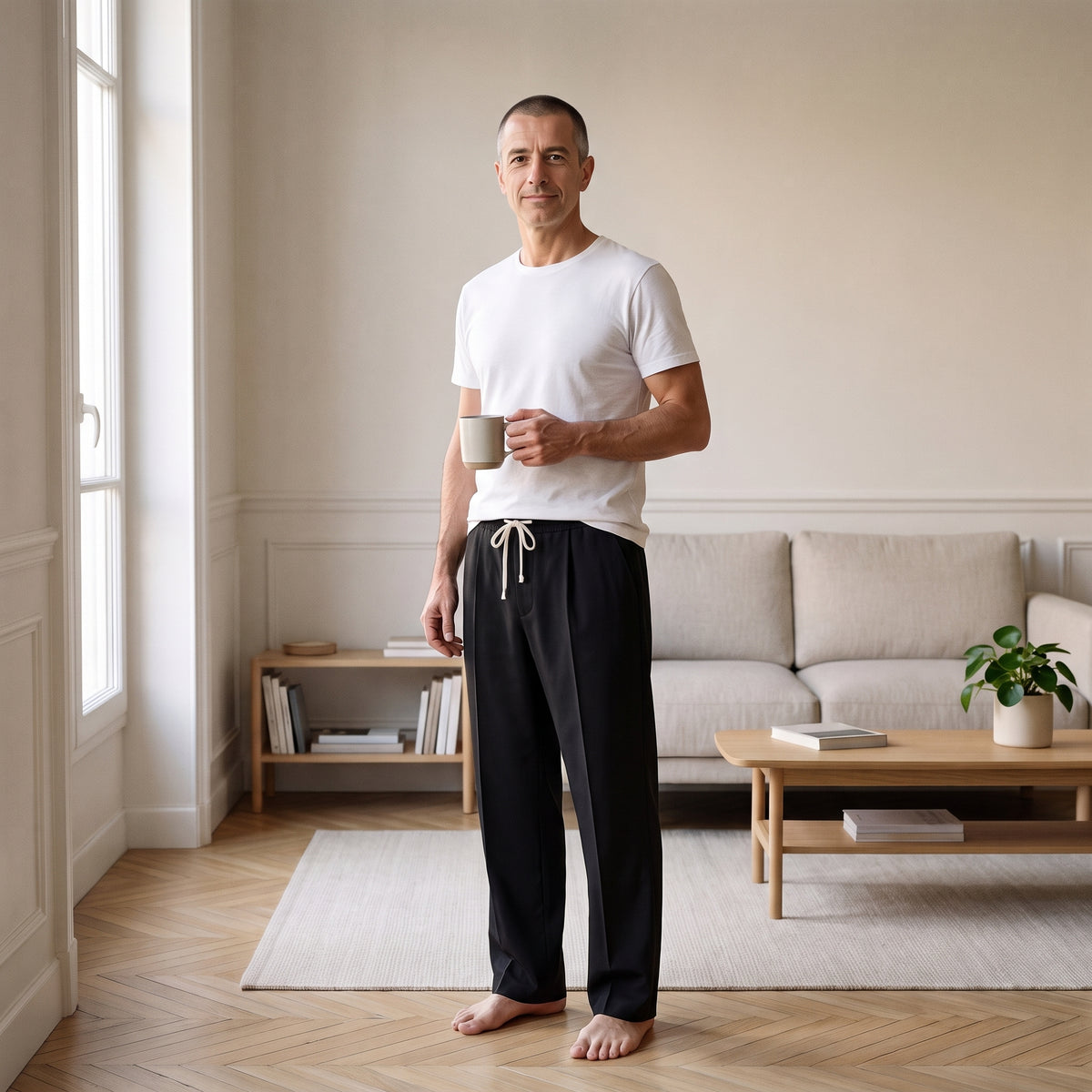 Homme debout près de la fenêtre en pantalon d'intérieur fluide noir