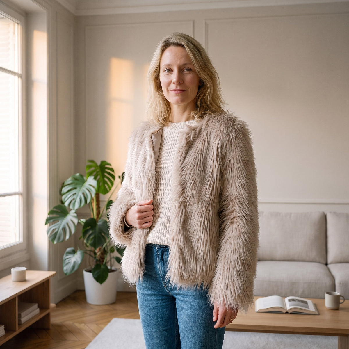 Femme debout dans son salon, en veste de fausse fourrure beige ouverte sur un pull ecru et un jean, une main qui tient le pan gauche a hauteur de taille