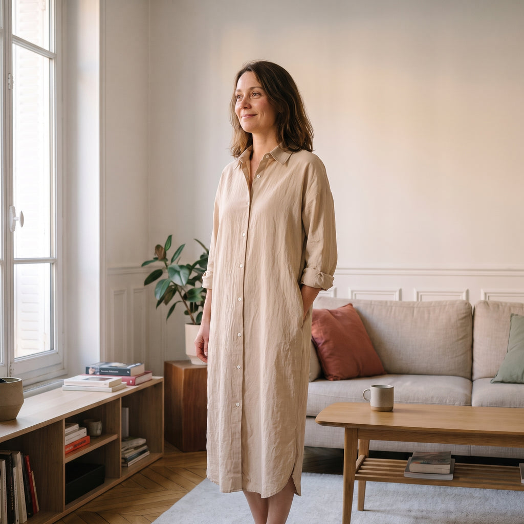 Robe chemise longue beige sable portée debout dans un salon