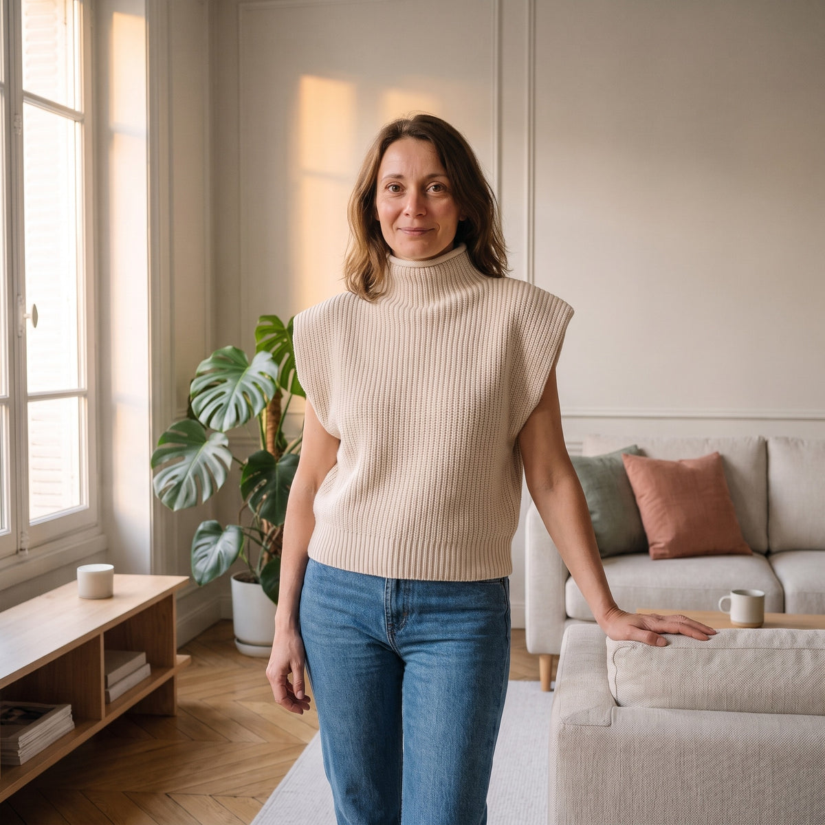 Femme debout dans un salon, vêtue du pull sans manches beige sur un jean droit, la main posée sur le dossier du canapé