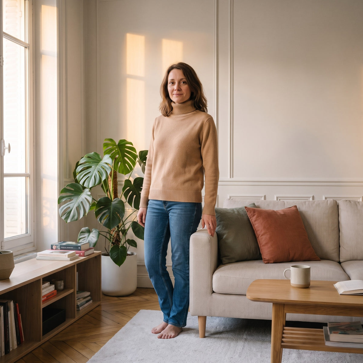 Femme debout dans un salon haussmannien, en pull col roule camel et jean, une main posee sur le dossier du canape