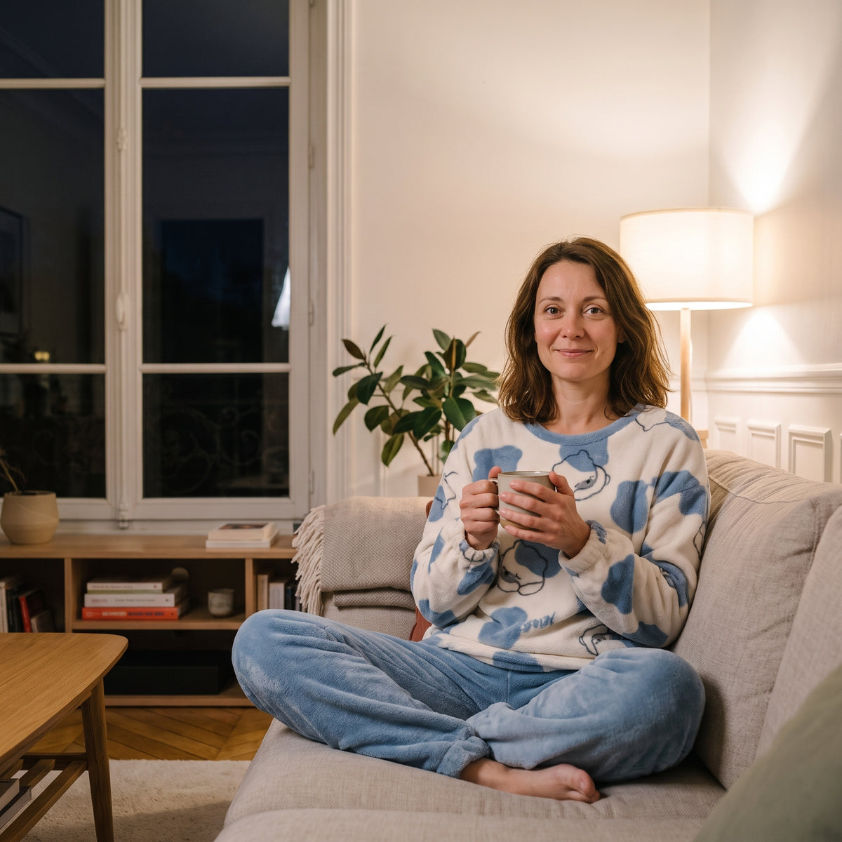 Femme assise sur son canapé le soir en pyjama en pilou-pilou, motif ours bleu
