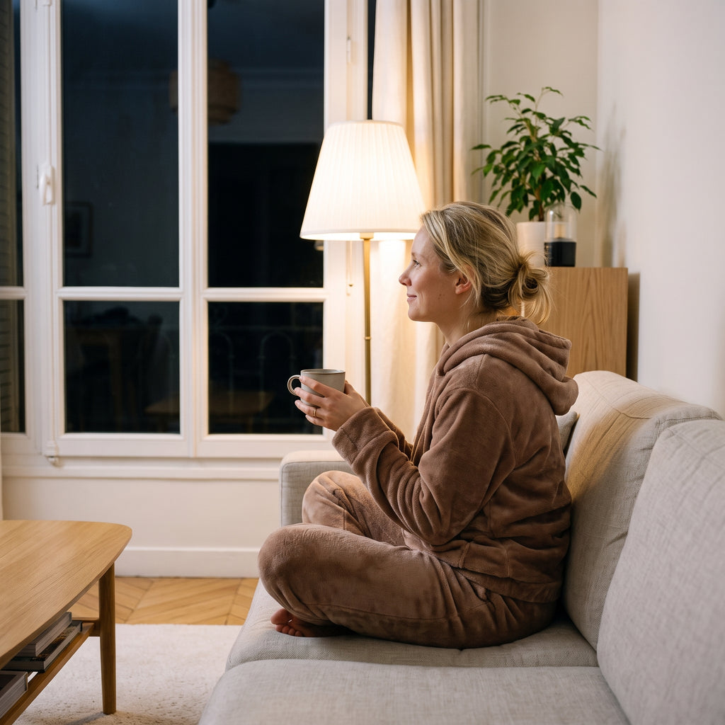 Femme assise en tailleur sur son canapé le soir, en ensemble pyjama d'hiver en flanelle polaire camel