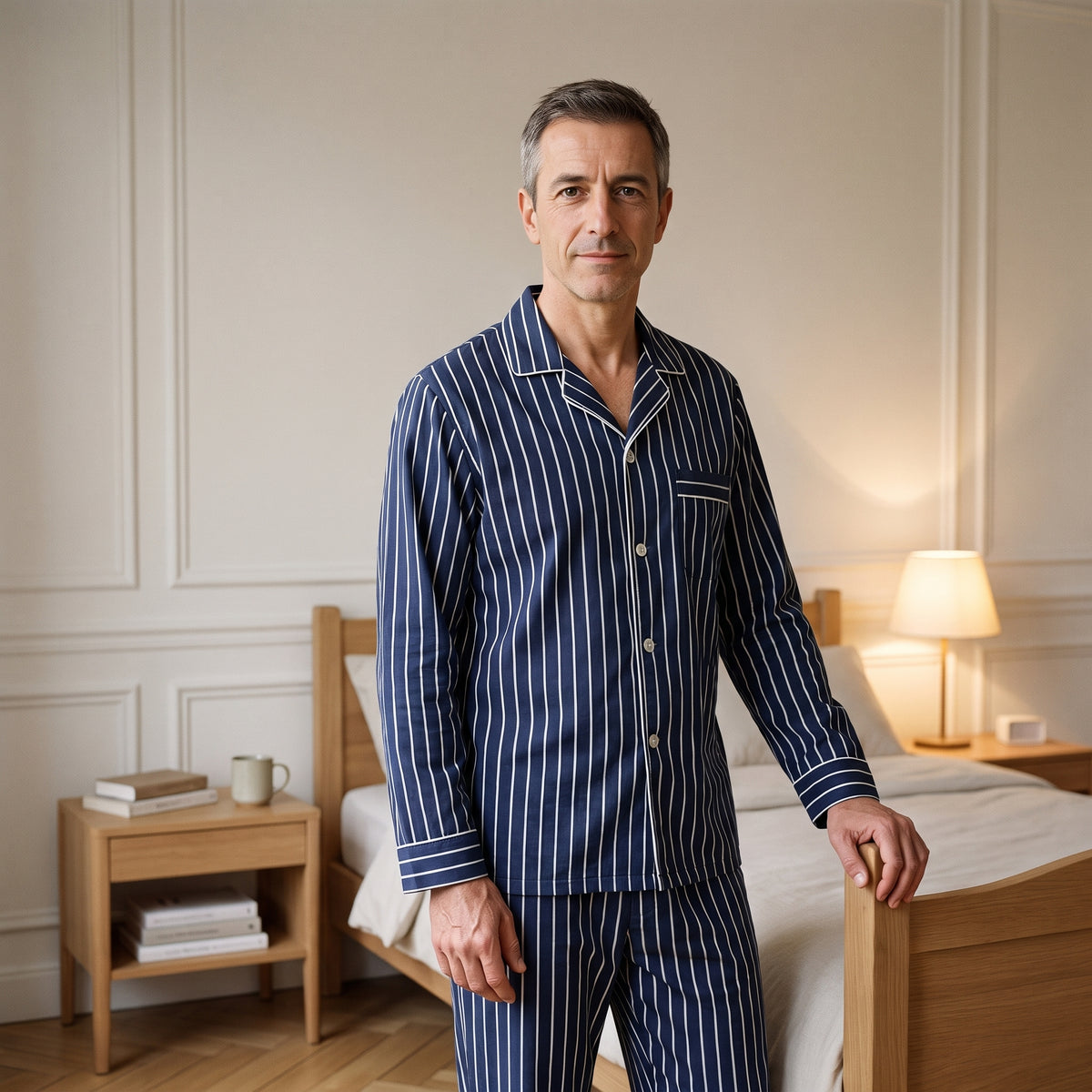 Homme debout dans sa chambre en pyjama à rayures boutonné bleu marine