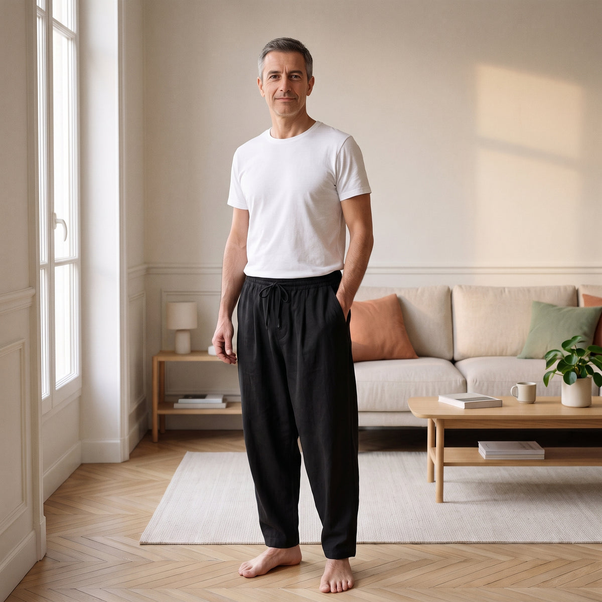 Homme debout dans son salon en pantalon sarouel d'intérieur noir