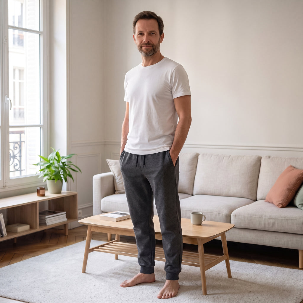 Homme debout dans son salon en pantalon de jogging gris foncé