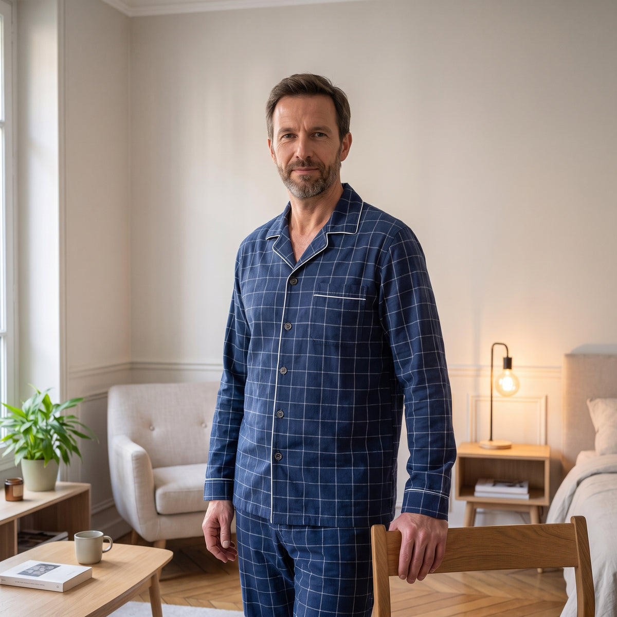Homme debout dans sa chambre en pyjama à carreaux boutonné bleu marine