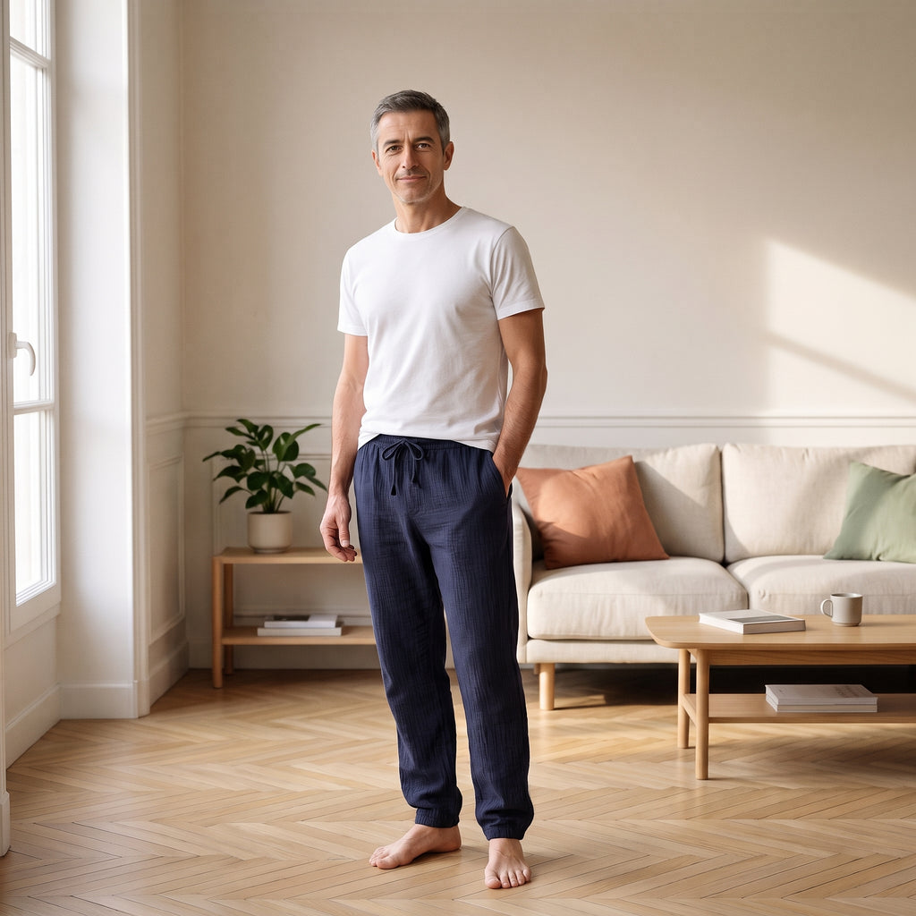 Homme debout dans sa chambre en pantalon de pyjama en gaze de coton bleu marine