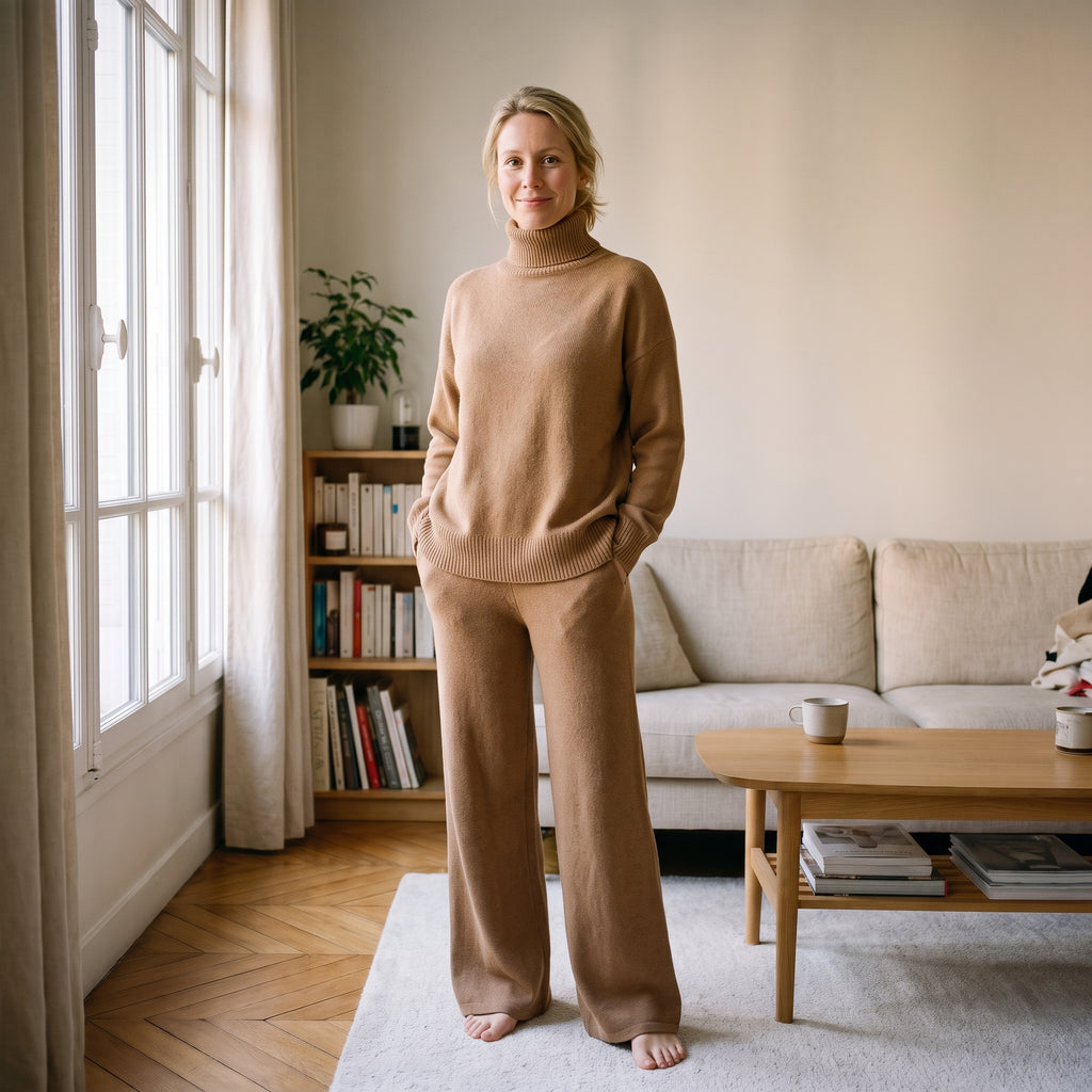 Femme debout dans son salon en ensemble en maille camel