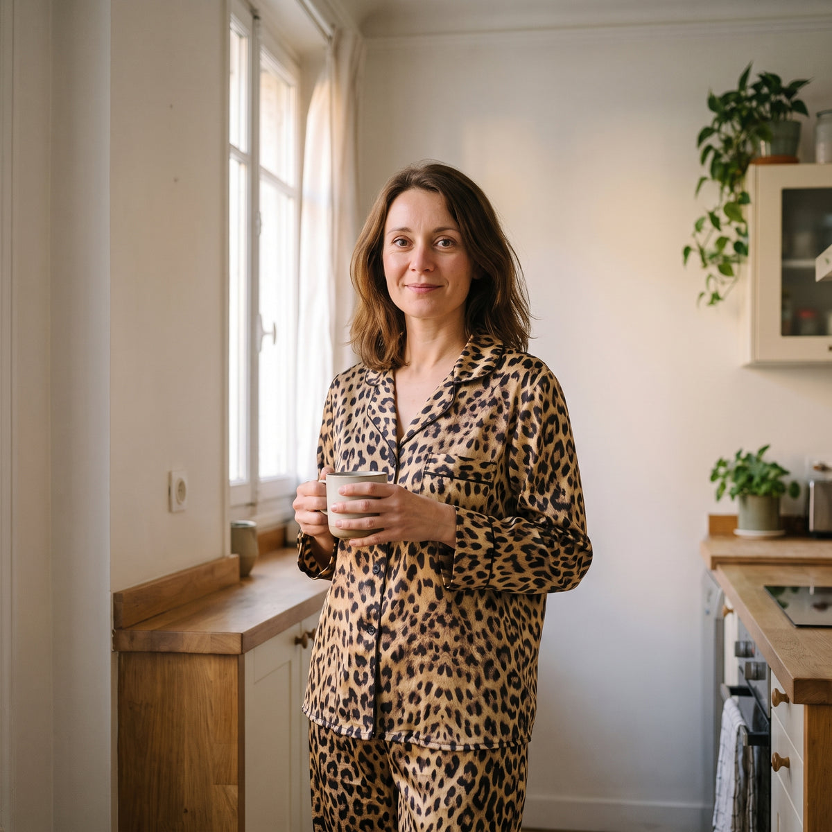 Femme debout dans sa cuisine le matin, en pyjama en satin imprimé léopard
