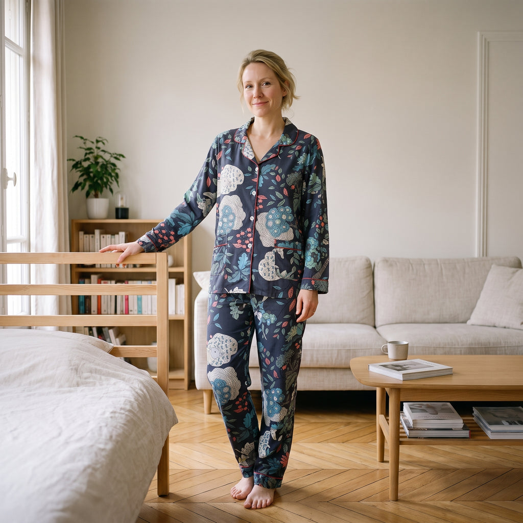 Femme debout dans sa chambre le matin, en pyjama en viscose imprimée