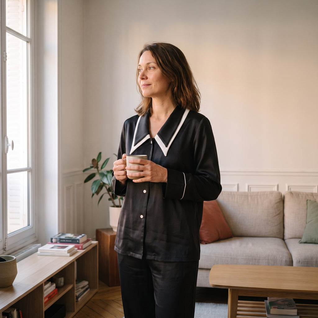 Femme debout près de la fenêtre de son salon en pyjama en satin noir à col bicolore, une tasse tenue à deux mains