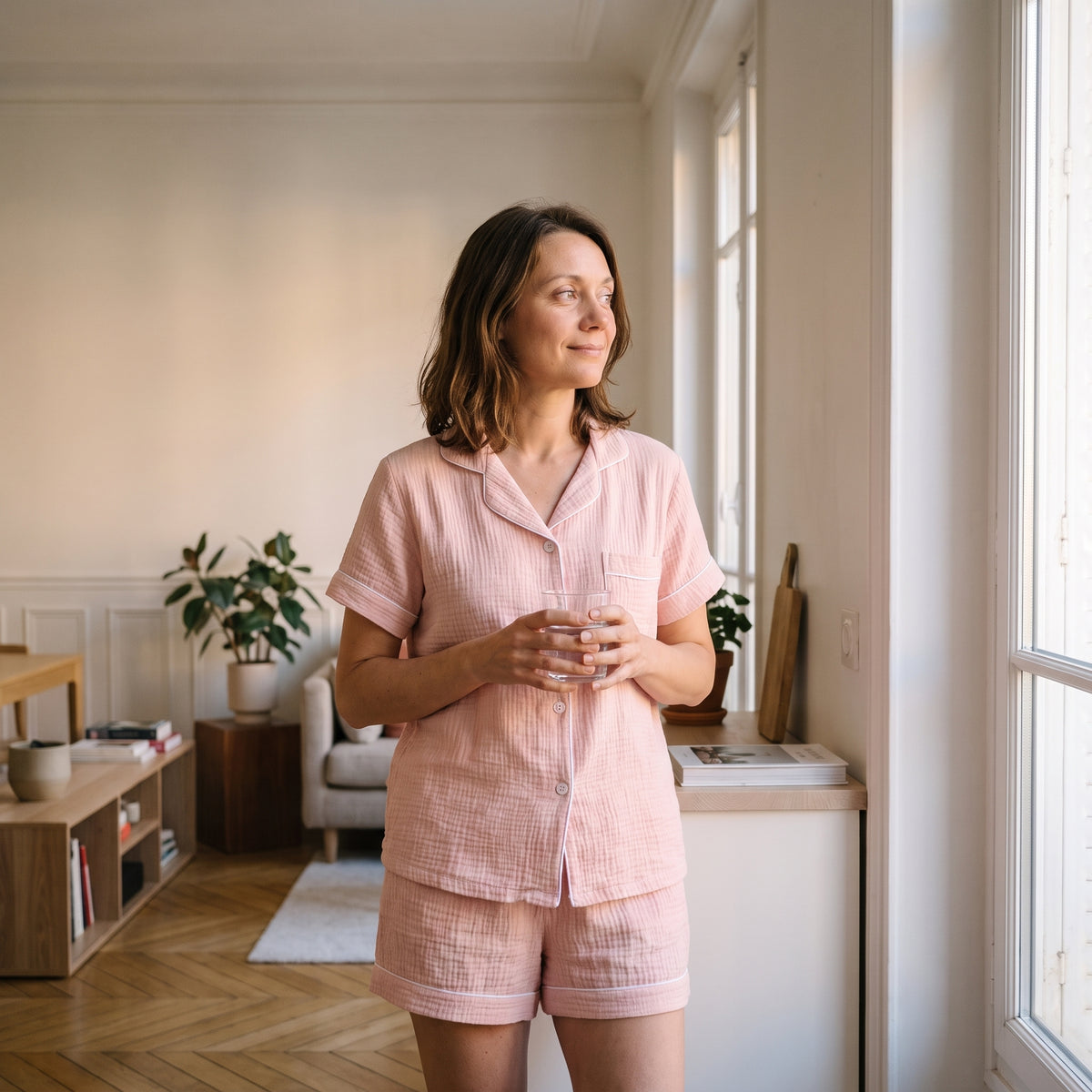 Pyjama d'été en gaze de coton rose poudré, chemisette et short, porté debout