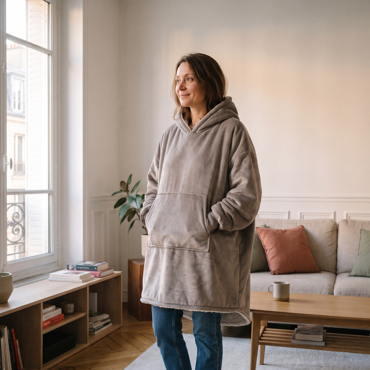 Une femme debout dans son salon haussmannien porte le plaid à capuche gris taupe, les deux mains dans la grande poche du devant, la doublure sherpa crème visible au bord bas