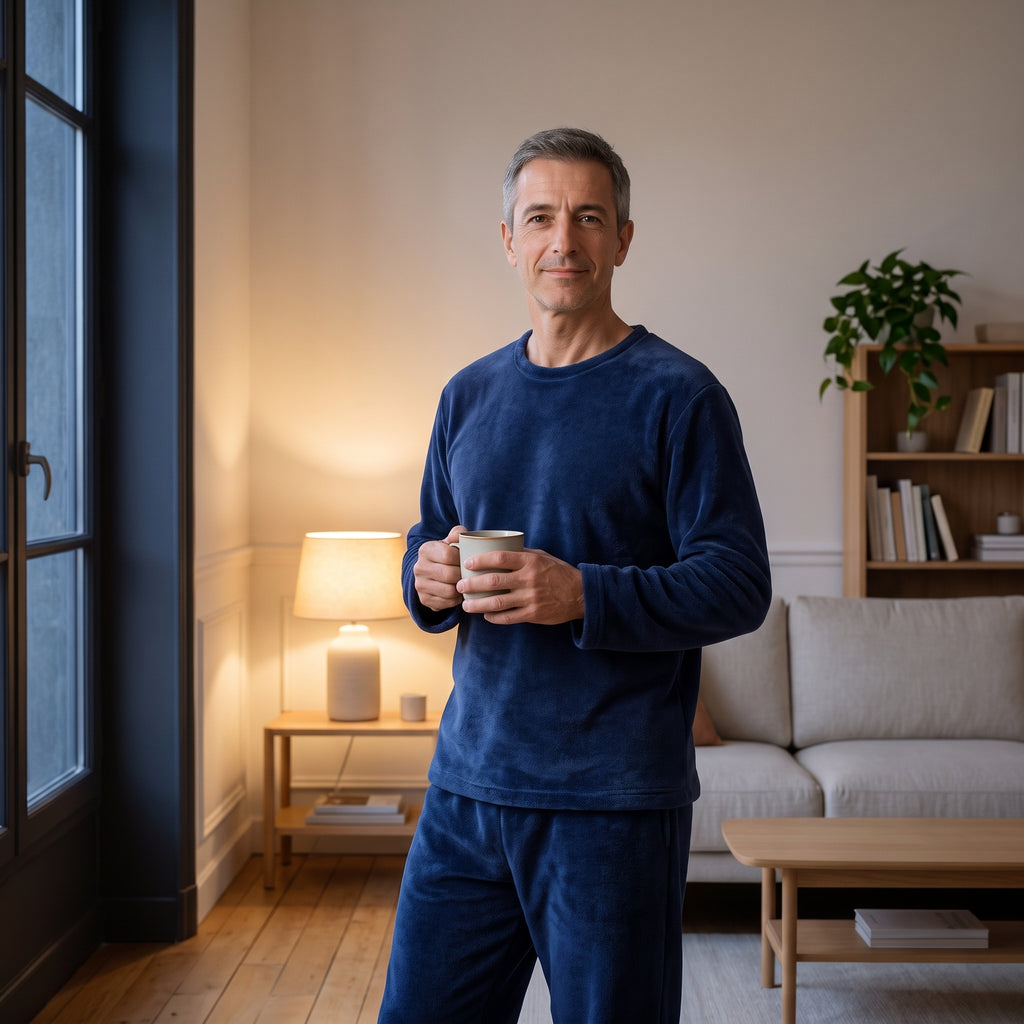 Homme debout près de la fenêtre en pyjama d'hiver en flanelle polaire bleu marine