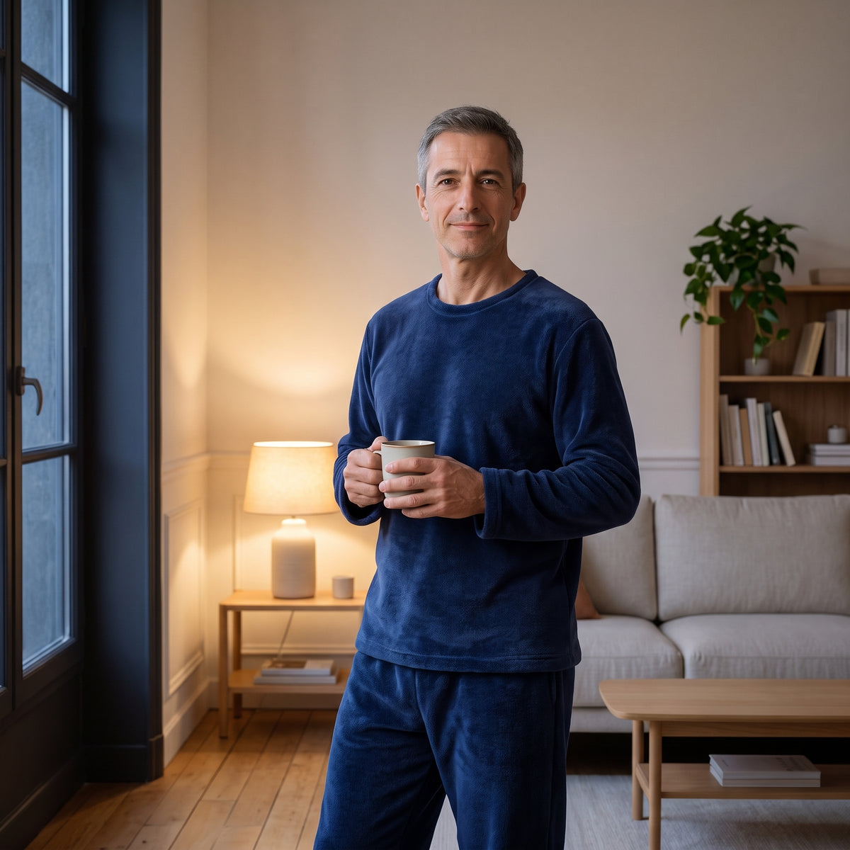 Homme debout près de la fenêtre en pyjama d'hiver en flanelle polaire bleu marine
