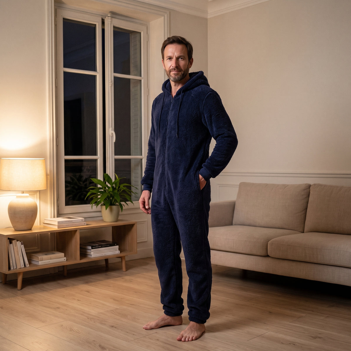 Homme debout dans son salon un soir d'hiver, en combinaison de nuit en polaire bleu nuit