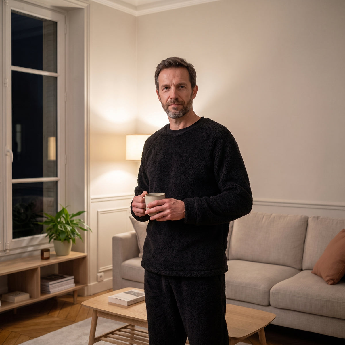 Homme debout dans son salon en pyjama en polaire peluche noir
