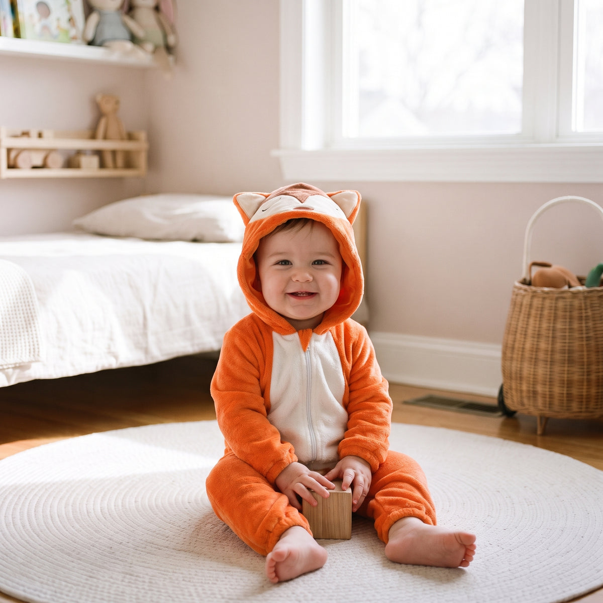 Bébé assis sur un tapis en barboteuse déguisement renard, capuche relevée