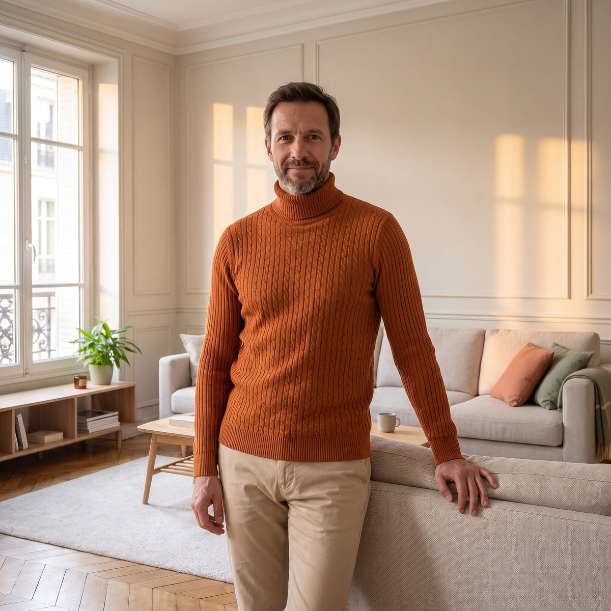 Un homme porte le pull col roulé terracotta debout dans un salon haussmannien, une main posée sur le dossier du canapé
