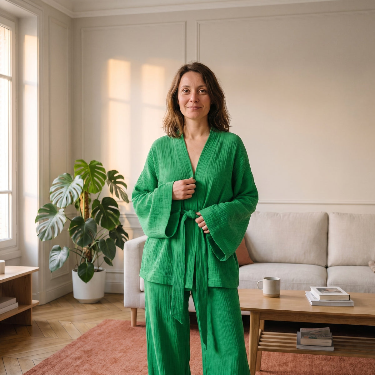 Femme debout dans un salon haussmannien, en pyjama kimono vert vif, veste nouée à la taille et pantalon large
