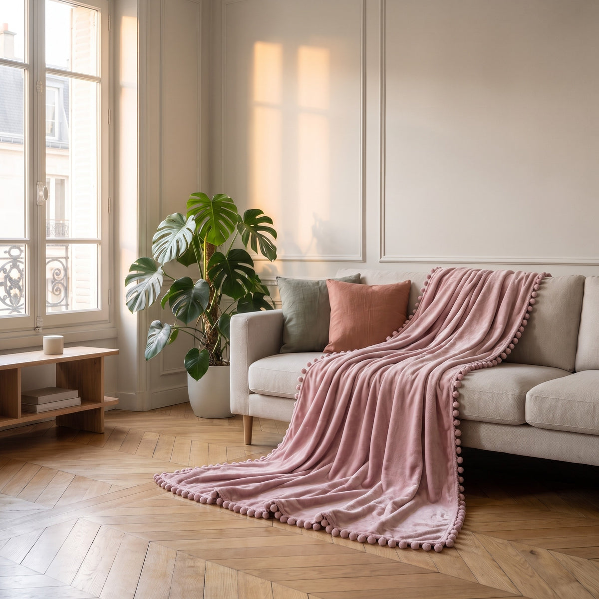Le plaid rose poudré jeté en travers d’un canapé écru vu depuis l’entrée du salon, un pan descend jusqu’au parquet en point de Hongrie, la bordure de pompons court sur tout le bord