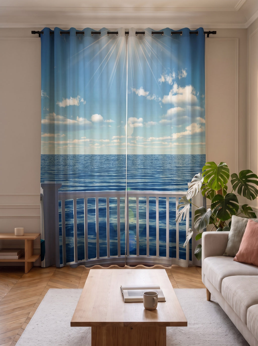 Rideau imprimé vue sur mer fermé devant la fenêtre d'un salon