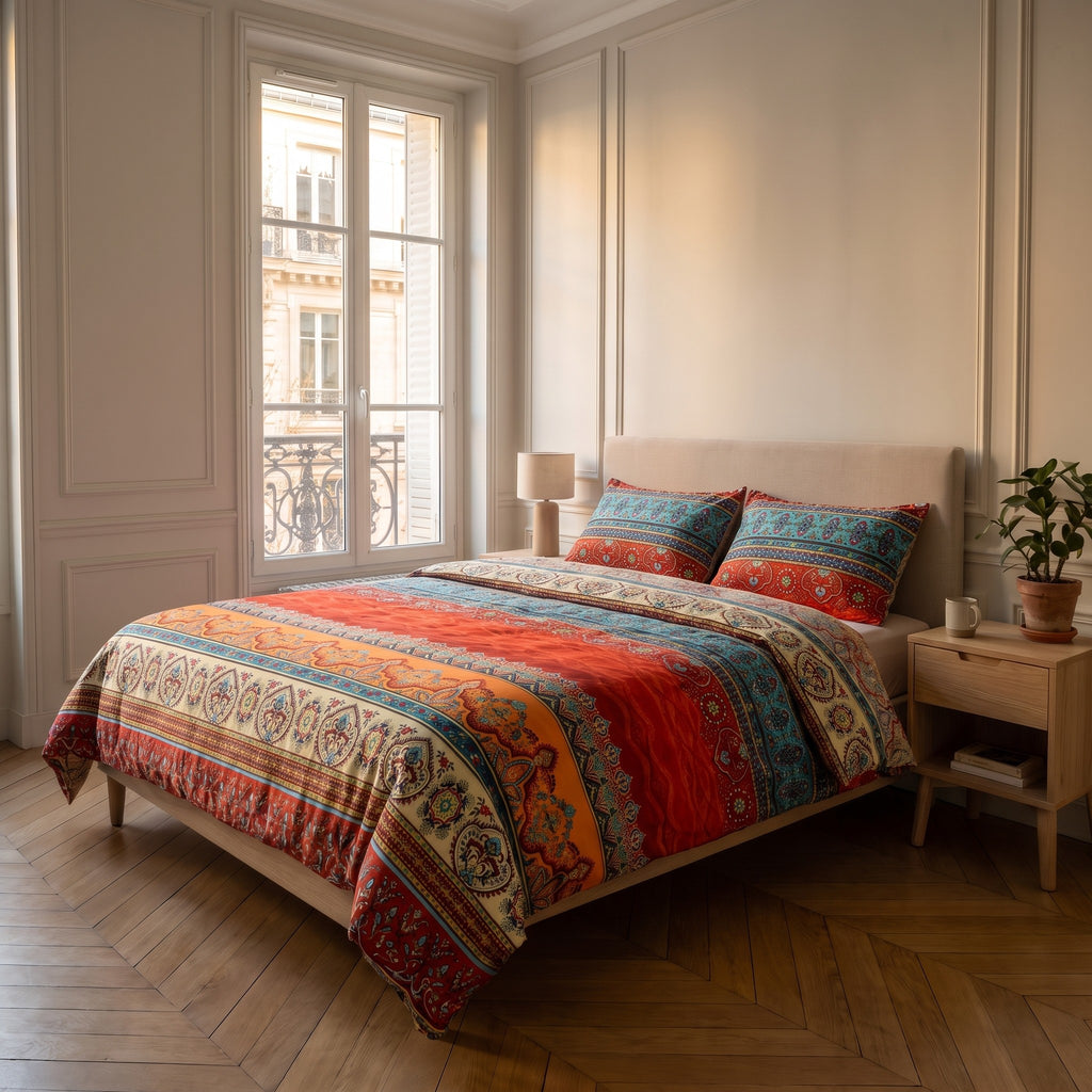 Lit fait avec la parure de lit boheme chaud, bandes rouge brique et ivoire, deux taies a medaillons turquoise contre la tete de lit