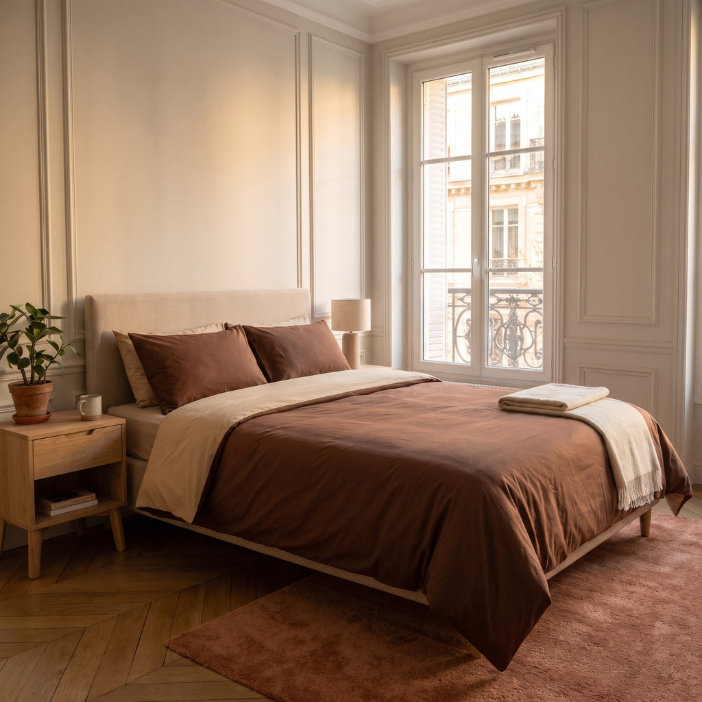 Chambre haussmannienne, lit fait avec la parure de lit reversible marron et beige, le revers beige rabattu en tete de lit