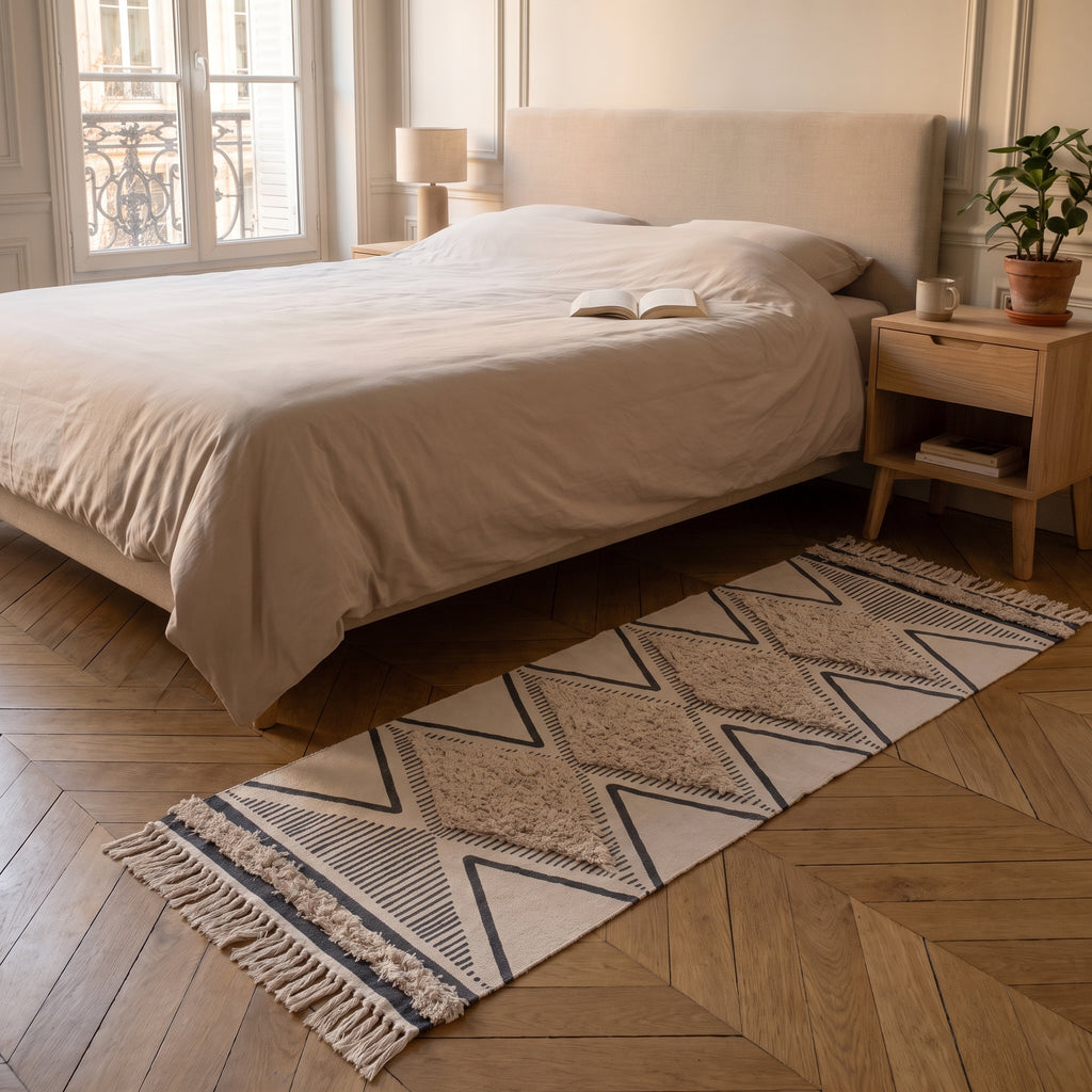 Le tapis ethnique en coton écru déroulé sur le parquet le long d'un lit deux places, ses quatre losanges tuftés et ses franges visibles