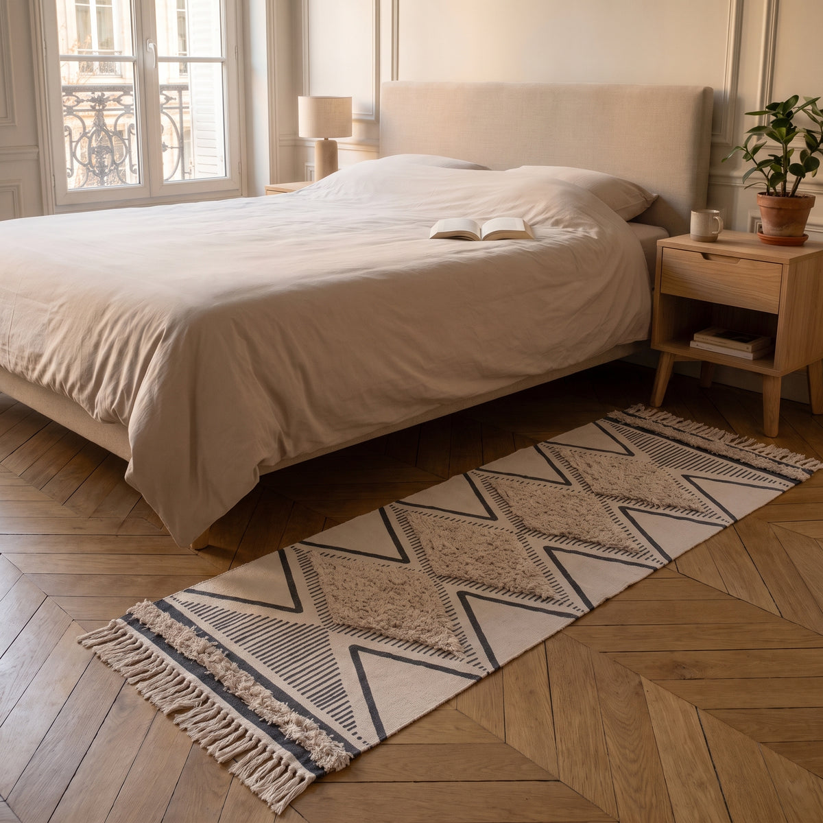 Le tapis ethnique en coton écru déroulé sur le parquet le long d'un lit deux places, ses quatre losanges tuftés et ses franges visibles