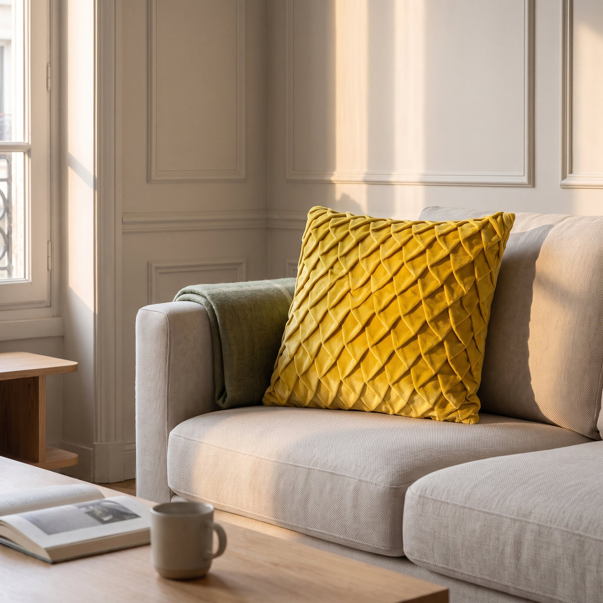 Housse de coussin jaune moutarde sur le canapé d'un salon clair, près de la table basse