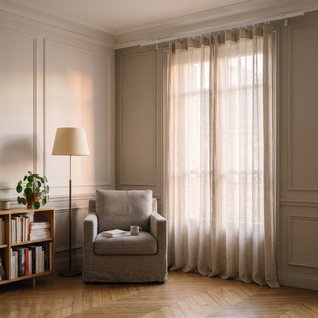 Rail à rideau blanc fixé au plafond au-dessus de la fenêtre, rideau en lin fermé qui descend jusqu'au parquet