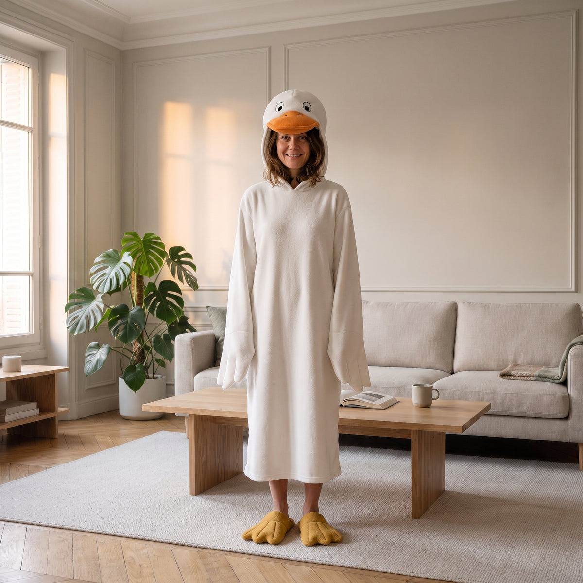 Femme debout dans un salon en pyjama canard, capuche sur la tête, visage dégagé sous le bec orange, chaussons palmés assortis aux pieds