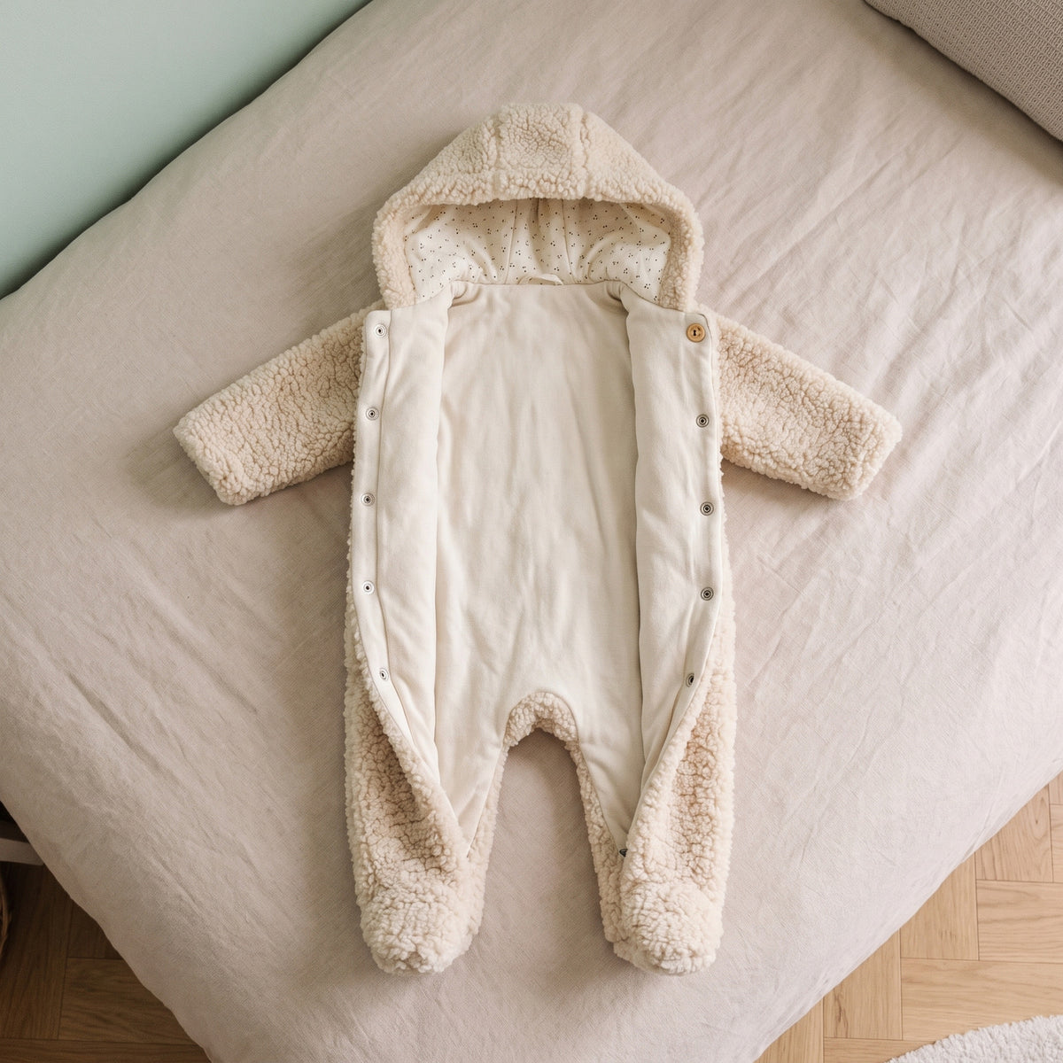 Combinaison bébé en peluche ouverte à plat, doublure et pressions visibles