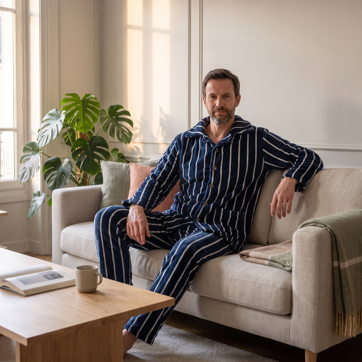 Homme assis sur un canapé en pyjama de flanelle bleu marine à rayures