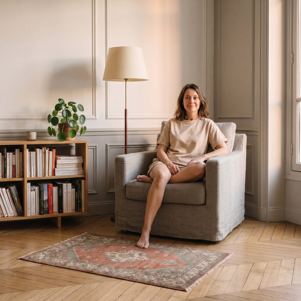 Femme assise en ensemble short et t-shirt en coton beige