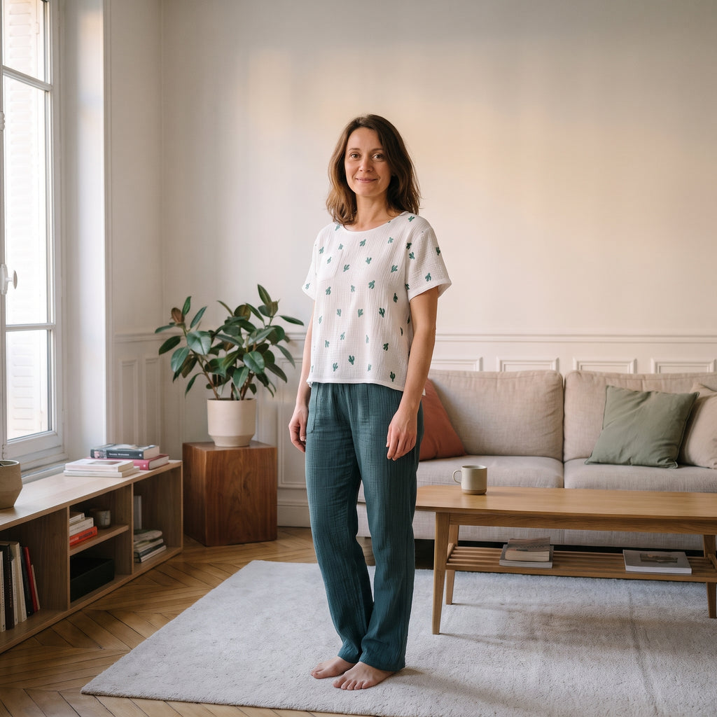 Femme en pyjama d'été blanc en gaze de coton, debout dans son salon
