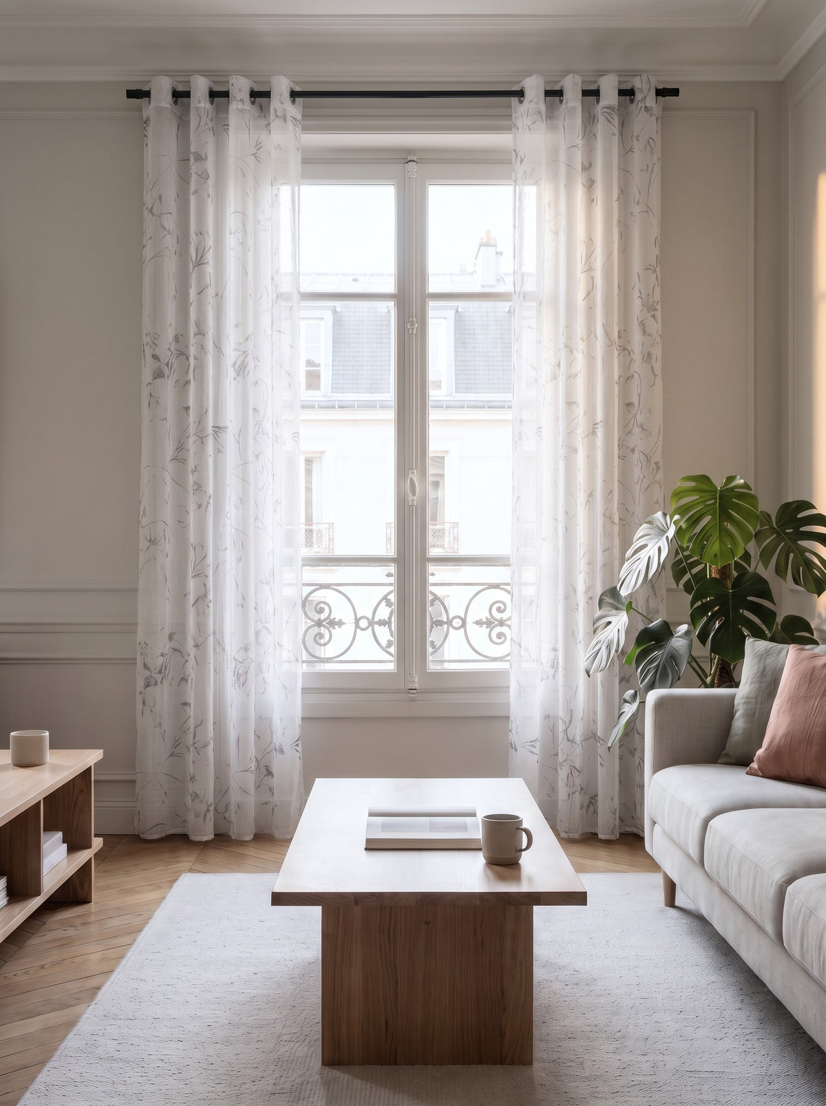 Voilage transparent blanc, pans écartés sur les côtés, la fenêtre et la vue dégagées