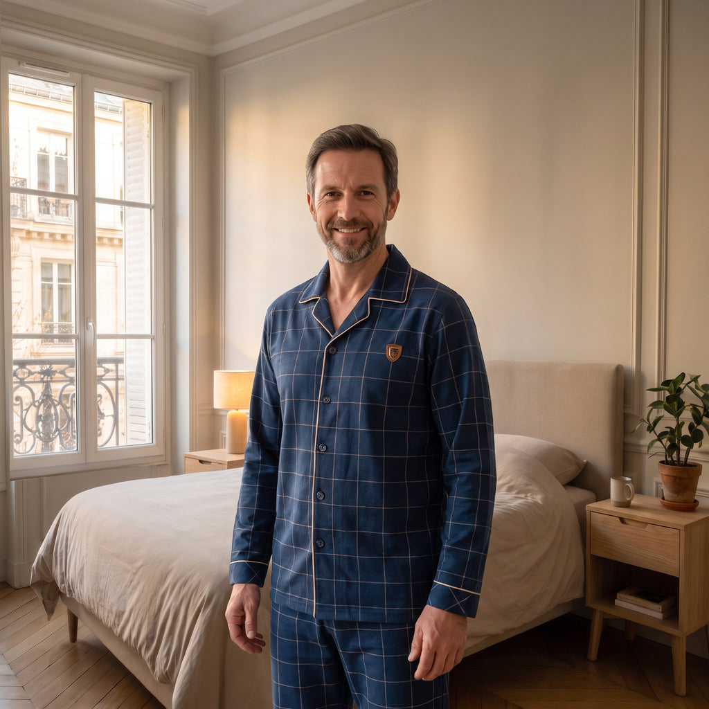 Homme en pyjama à carreaux en coton bleu foncé à écusson brodé, debout dans sa chambre