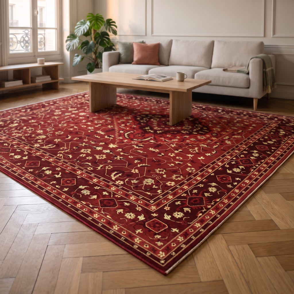Détail en situation du tapis boho turc aux tons rouges