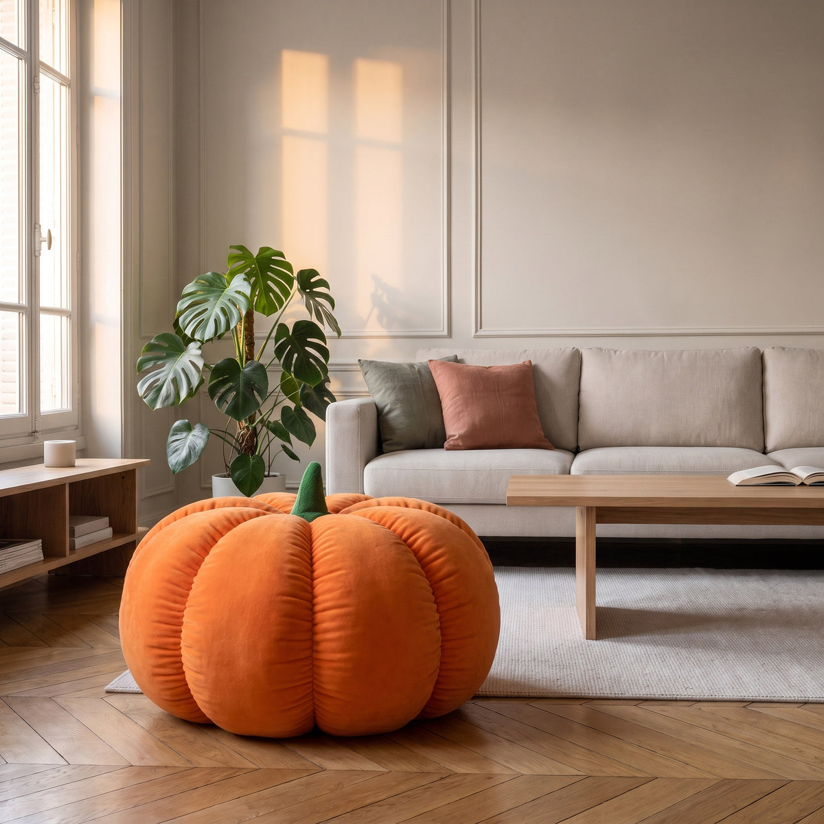 Pouf citrouille orange posé au sol devant un canapé