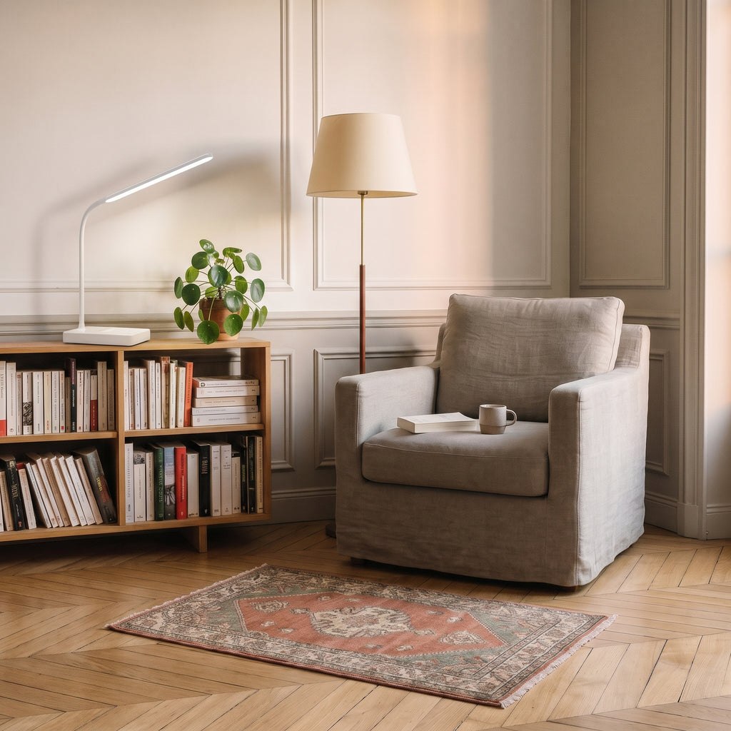 La lampe posée sur une bibliothèque basse, à hauteur d'un pot de plante