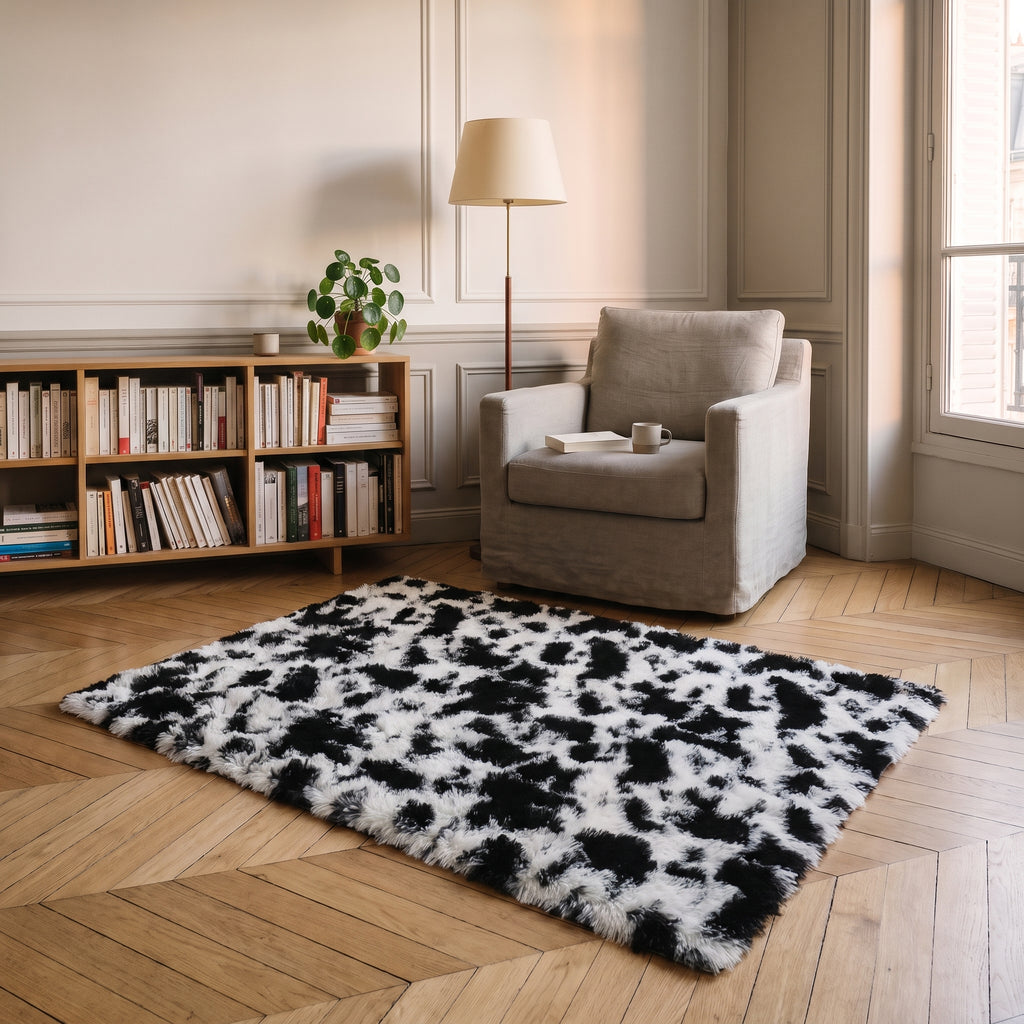 Tapis vache poils longs devant un fauteuil de lecture