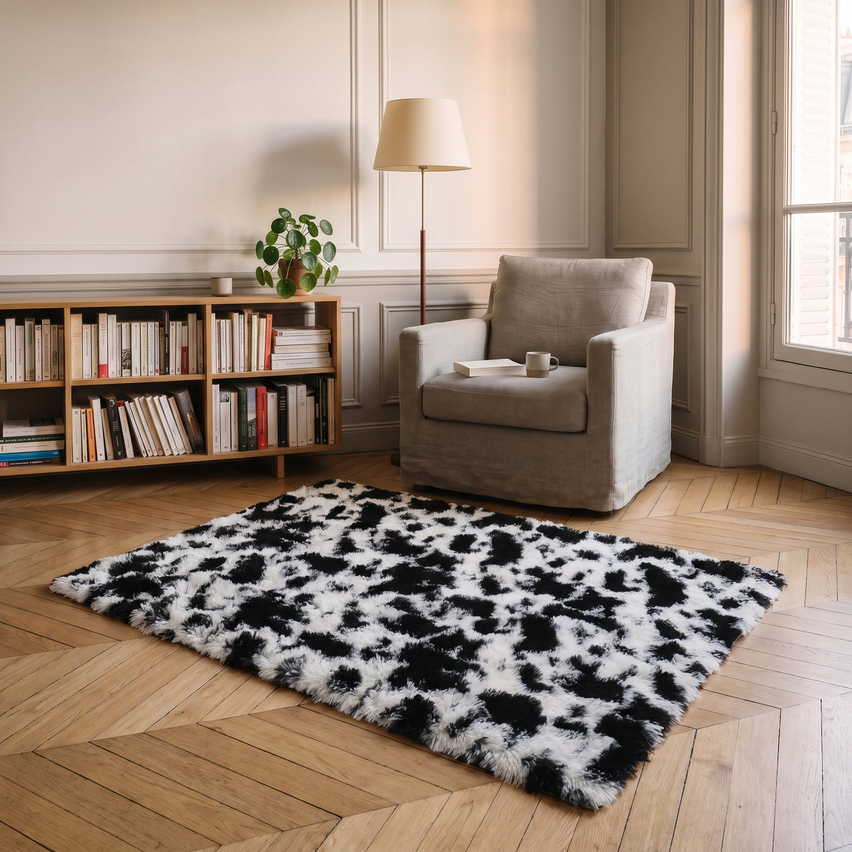 Tapis vache poils longs devant un fauteuil de lecture